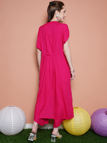 Blue and Pink Rayon Slub Hand Embellished Kurta with Palazzo -WRKS101