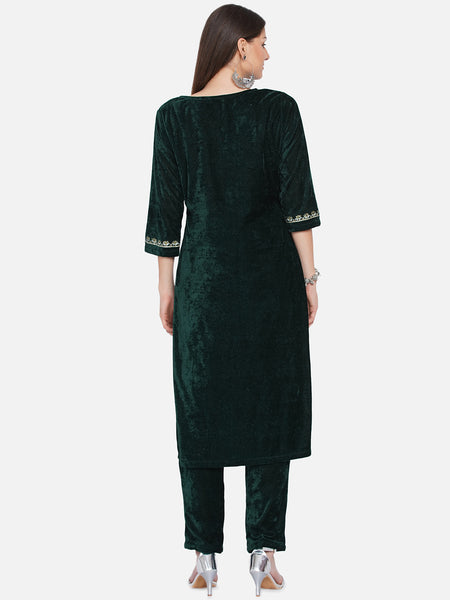 Green Velvet Embroidered Kurta with Pant- WRKS068
