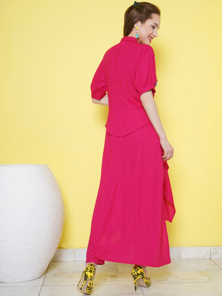 Pink Rayon Slub Embellished Asymmetrical Kurta with Pants-WRKS104