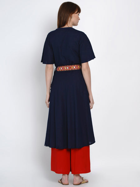 Indigo Cotton Kurta with Embroidered Belt-WRK411