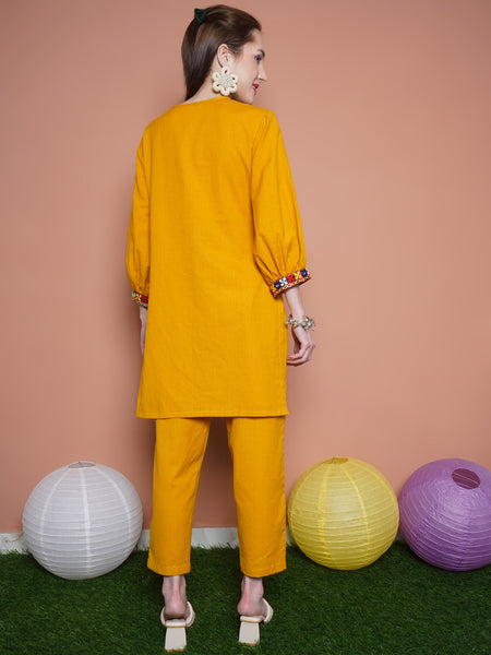 Mustard Cotton Flex Kurta with Gamthi Embroidery and Pants-WRKS100