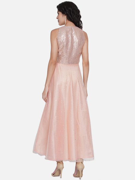 Peach Sequence work Net Gown-WRK431