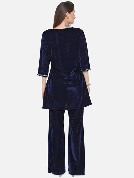 Navy Blue Velvet Kurta with Bell bottom Pants-WRKS069