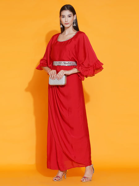 Red Georgette Ethnic Dress with Embellished Belt-WRK438