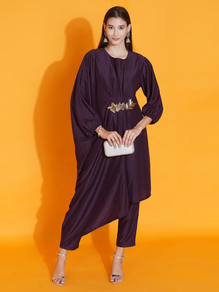 Purple Hand Embellished Indowestren Kurta with Pants-WRKS083