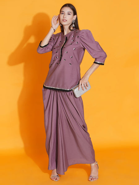 Mauve Hand Embellished kurta with Dhoti-WRKS086