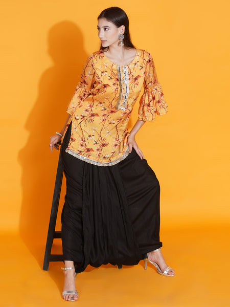 Yellow Printed Kurta with Dhoti-WRKS085
