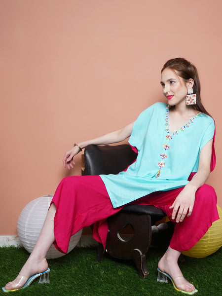 Blue and Pink Rayon Slub Hand Embellished Kurta with Palazzo -WRKS101