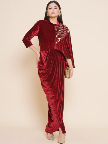 Maroon Velvet Half Cape Embroidered Gown-WRK445