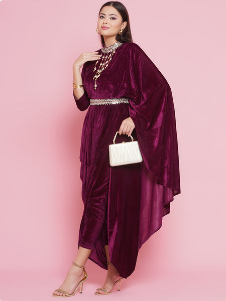 Wine Velvet Velvet Kurta with attached necklace, belt  and Pant-WRKS093