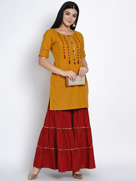 Mustard Embroidered Kurta And Sharara- WRKS414