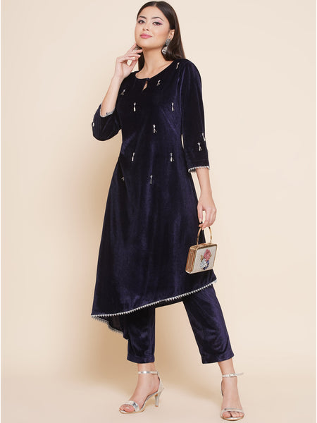 Navy Blue Hand Embellished Kurta Set-WRKS092