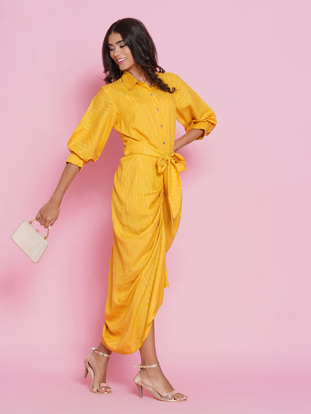 Yellow Rayon Fusion Wear Dress-WRK436