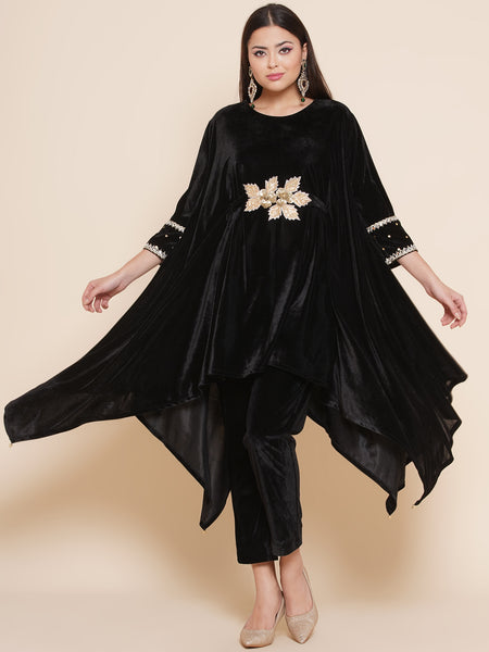 Black Kaftan Style Hand Embellished Kurta with Pants-WRKS091