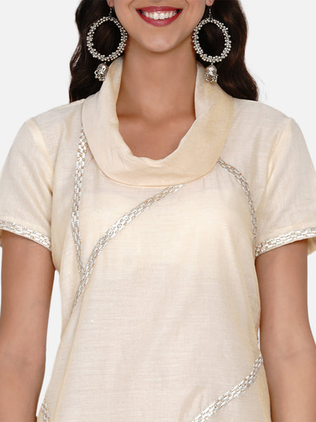 Cream Chanderi Embroidered Cowl Neck Kurta with Palazzo-WRKS052