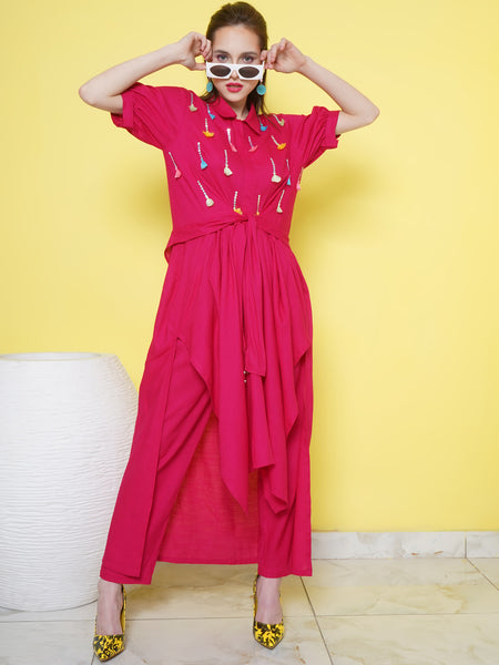 Pink Rayon Slub Embellished Asymmetrical Kurta with Pants-WRKS104