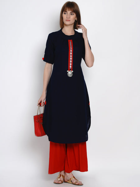 Indigo Cotton Mirror Work Straight Kurta with Curved Hemline