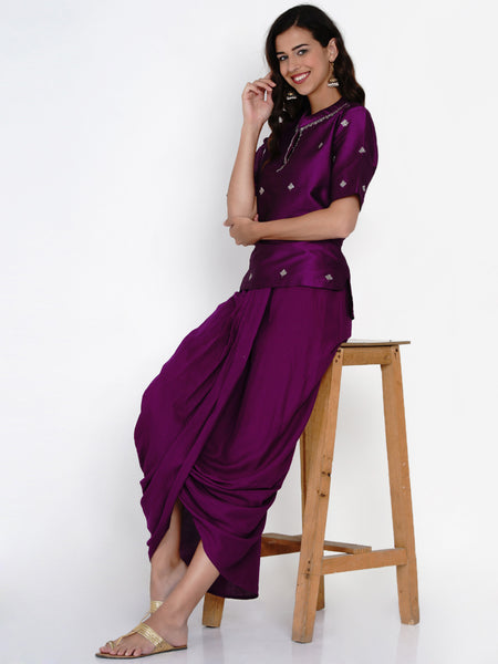 Purple Embroidered Koti with Dhoti Pants - WRKS056
