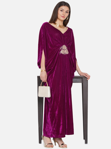 Burgundy Velvet Embroidered Gown-WRK432