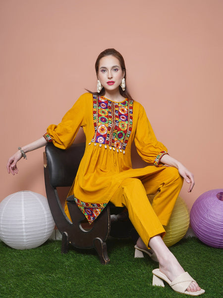 Mustard Cotton Flex Kurta with Gamthi Embroidery and Pants-WRKS100