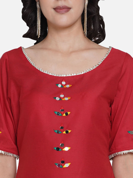 Red Cotton Blend Hand Embroidred Mirror Work kurta with skirt-WRKS060