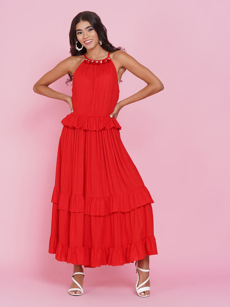 Red tiered Rayon dress-WRK434