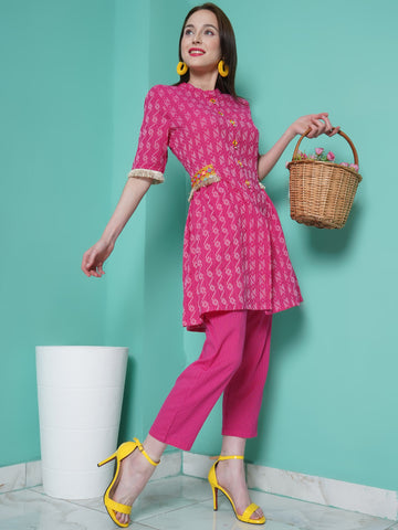 Pink Kantha Cotton Kurta with Mirror work and Pants-WRKS107