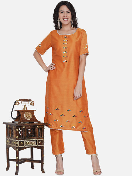 Yellow Cotton Blend Mirror Hand Work with Pant-WRKS064