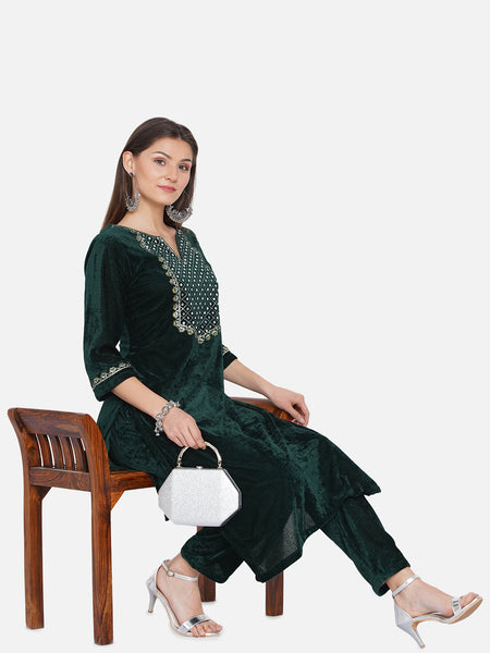 Green Velvet Embroidered Kurta with Pant- WRKS068