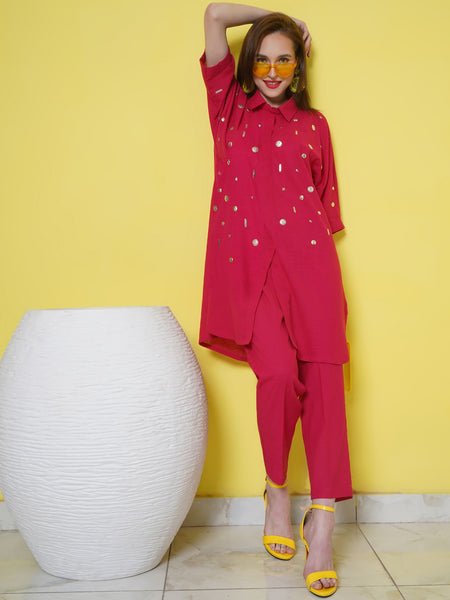 Pink Cotton Hand Embellished Kurta with Pants-WRKS108