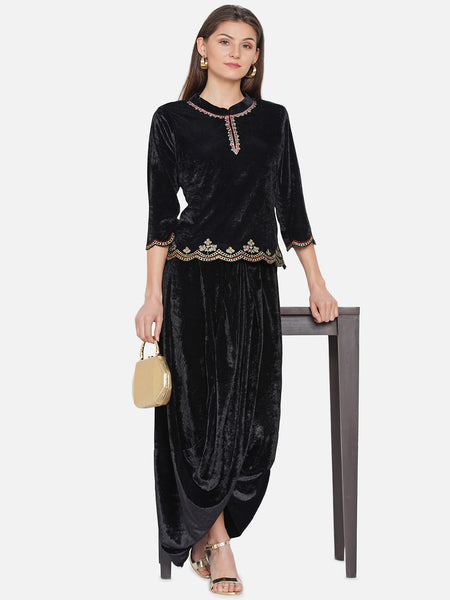 Black Embroidered Velvet Koti with Dhoti -WRKS071