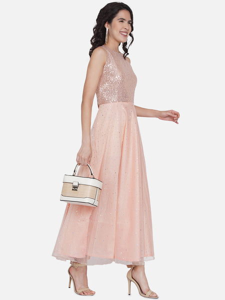 Peach Sequence work Net Gown-WRK431