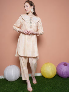 Beige Striped Embroidered Collar Kurta with Pants-WRKS109