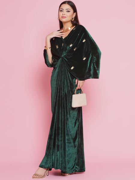 Green Velvet Hand Embellished Gown-WRK444