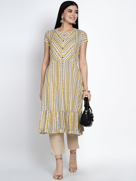 Geometric Print Ruffled Cotton Kurta-WRK424