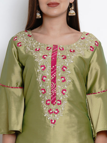 Green Embroidered Kurta With Printed Lehnga and Dupatta-WRS464