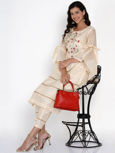 Cream Chanderi Embroidered Kurta with Pant- WRKS057
