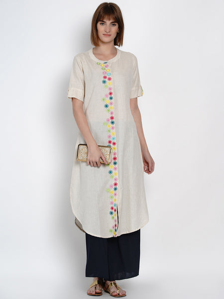 Off White Cotton Embroidered Kurta- WRK406