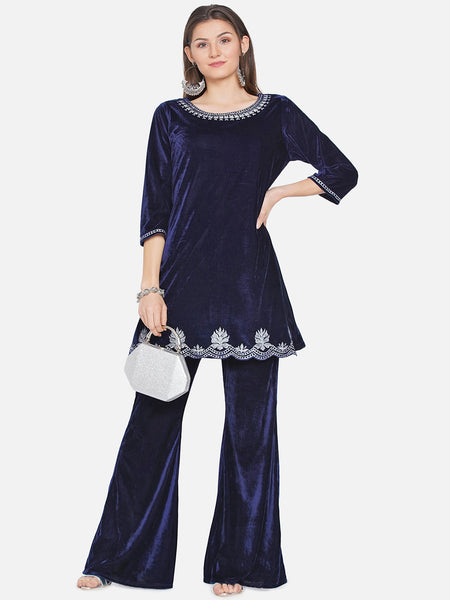 Navy Blue Velvet Kurta with Bell bottom Pants-WRKS069