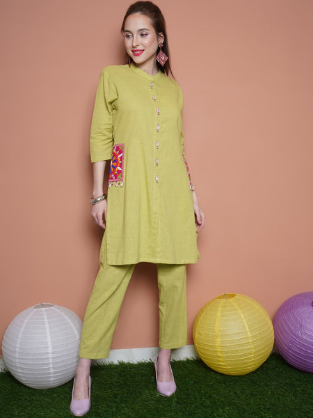 Green Cotton Slub Embroiderd Pockets Kurta with Pants-WRKS103
