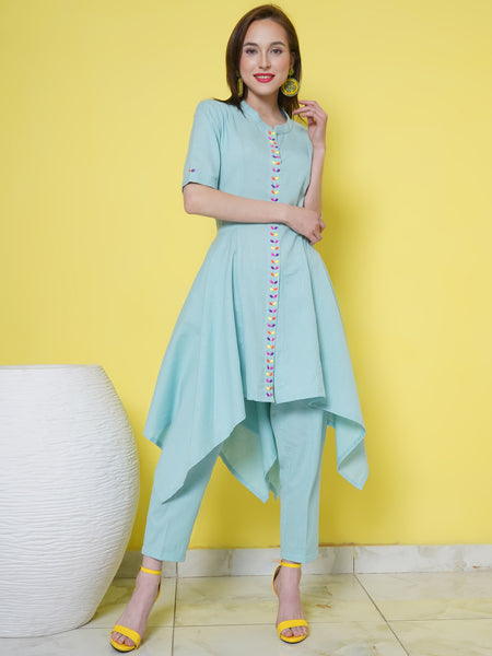 Light Blue Cotton Flex Assymetrical Kurta with beeds work and pants-WRKS102