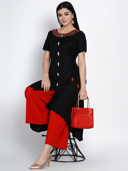 Black Rayon Asymmetrical  Embroidered Kurta-WRK422