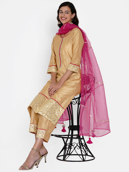 Golden Embroidered Kurta with Pant and Dupatta -WRKSD035