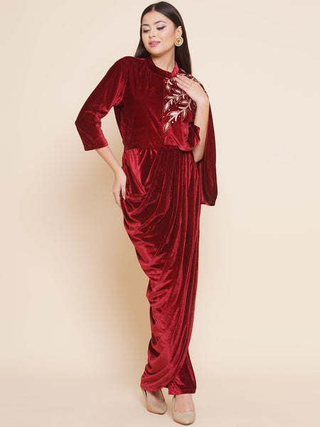 Maroon Velvet Half Cape Embroidered Gown-WRK445
