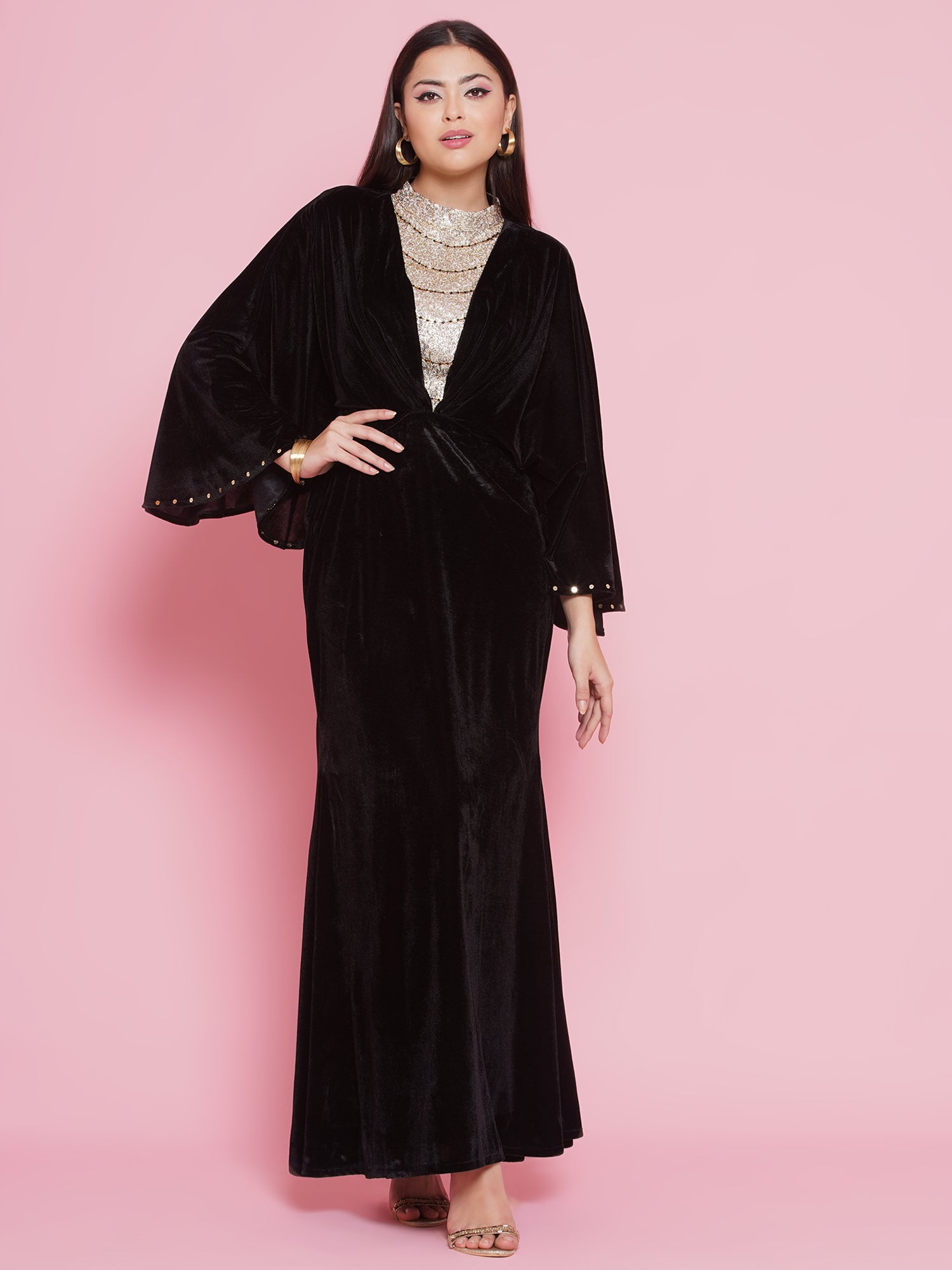 Double V Neck Long Sleeve High Slit Velvet Evening Dress - Ever-Pretty US