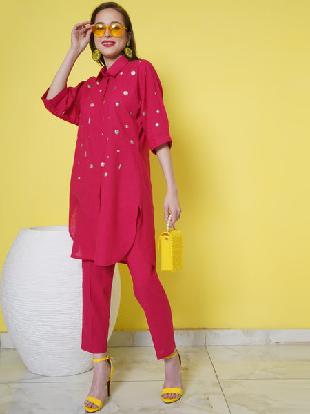 Pink Cotton Hand Embellished Kurta with Pants-WRKS108