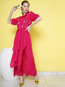 Pink Rayon Slub Embellished Asymmetrical Kurta with Pants-WRKS104