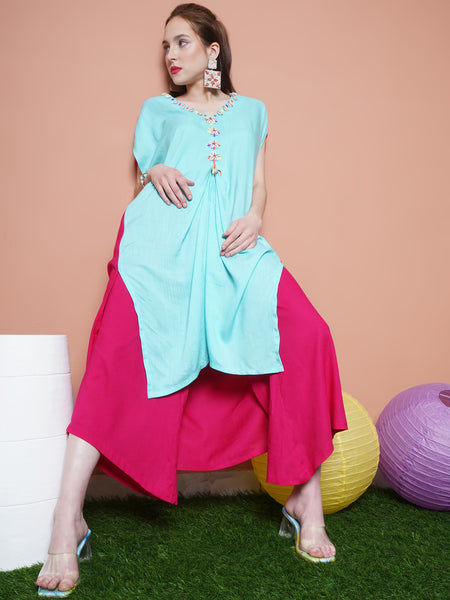 Blue and Pink Rayon Slub Hand Embellished Kurta with Palazzo -WRKS101