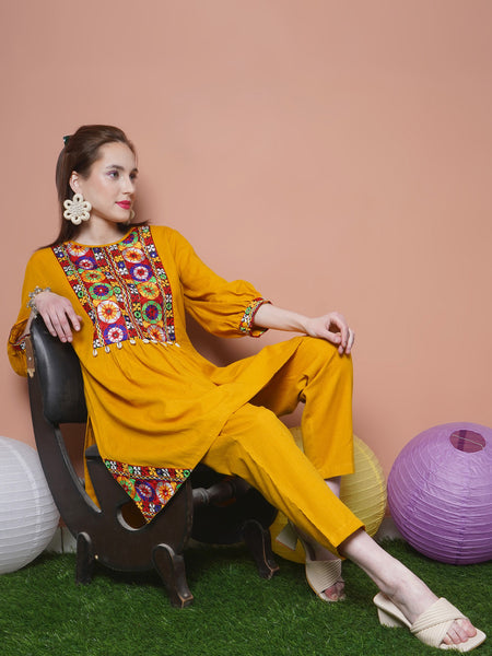 Mustard Cotton Flex Kurta with Gamthi Embroidery and Pants-WRKS100