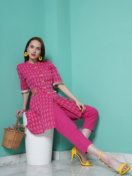 Pink Kantha Cotton Kurta with Mirror work and Pants-WRKS107